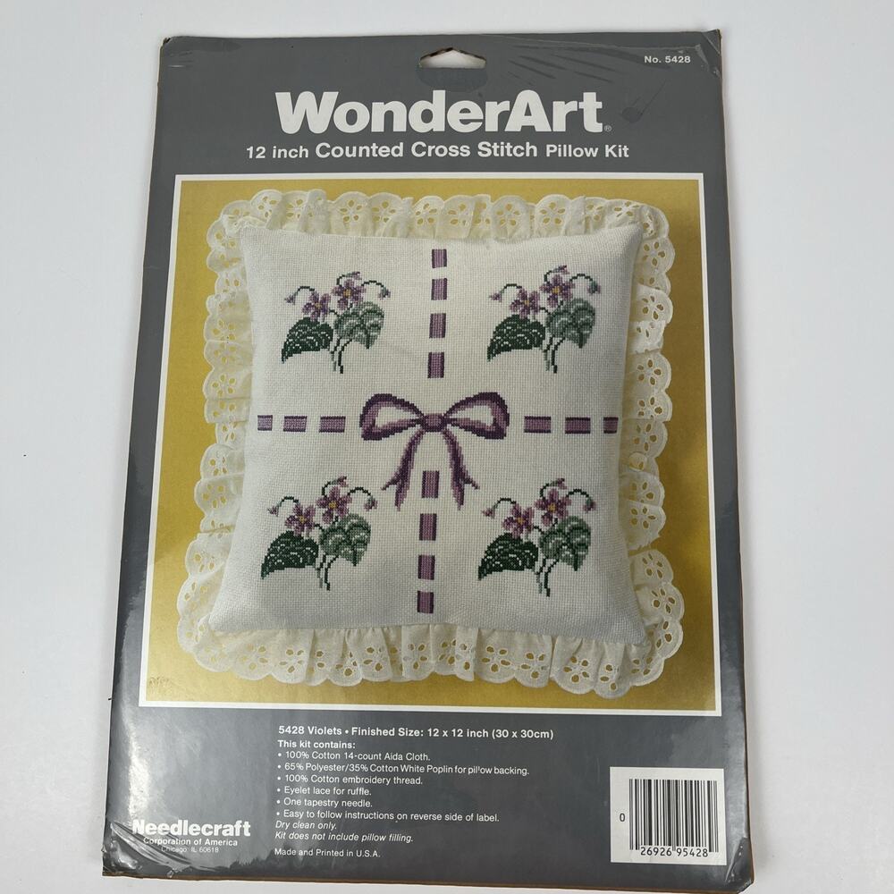 Wonderart Counted Cross Stitch Kit 5428 Violets Pillow 12x12 Inch Ruffle